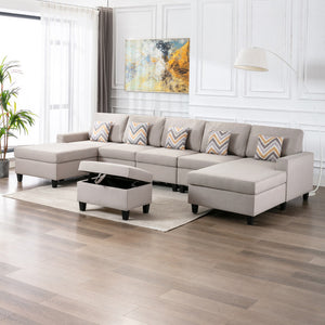 English Elm Nereo Gray Linen Double Chaise Sectional with Storage Ottoman for Spacious Living Beige B2749S00123