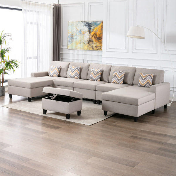 English Elm Nereo Gray Linen Double Chaise Sectional with Storage Ottoman for Spacious Living Beige B2749S00123