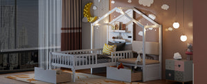 English Elm Twin House Bed Frame with Sofa Seating Led Lighting Drawers and Wireless Charging LP000521AAK-1