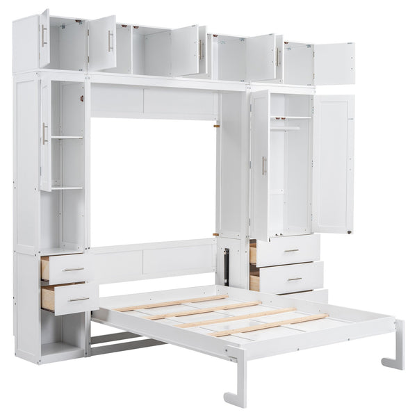 English Elm Full Full Size Murphy Bed with Lockers & Wardrobes in White — Space-Saving Foldaway Cabinet, Shelves, Drawers, Installation Video Included GX000392AAK