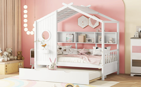 English Elm Wooden Twin House Bed with Trundle and 3 Back Shelves, Pine Frame Playful Loft Design for Kids White 41.7 L x 16.25 W x 6 H N733S316110K