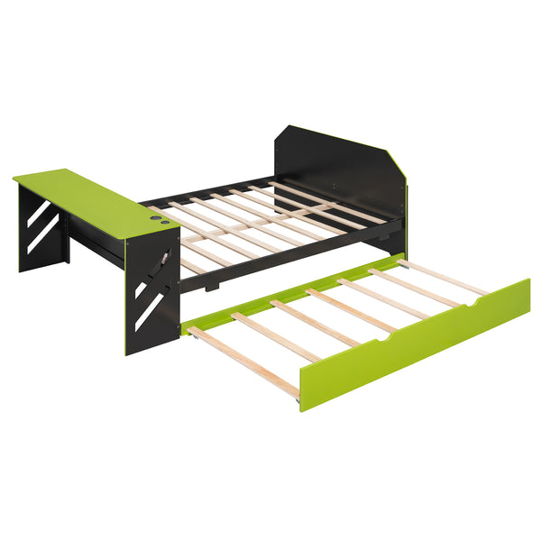 English Elm Full Size Wood Daybed with Twin Trundle Desk and Usb Charging for Teen Rooms Green LT000262AAG