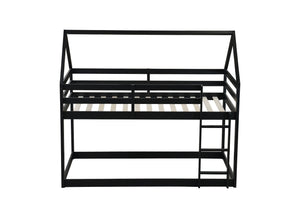 English Elm Twin Rubber Wood Floor Bunk Bed House-Shaped Design with Ladder Guardrails Sturdy Low-Profile Retreat Black W504P206865