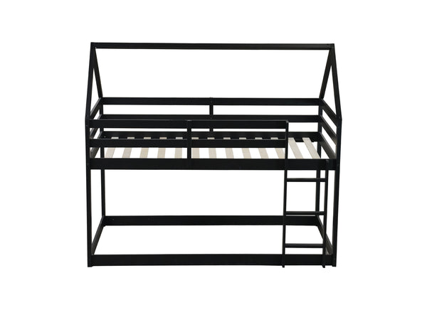 English Elm Twin Rubber Wood Floor Bunk Bed House-Shaped Design with Ladder Guardrails Sturdy Low-Profile Retreat Black W504P206865