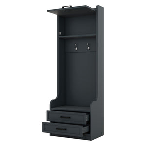 English Elm 4-in-1 Hall Tree with Bench, 7 Hooks, 2 Cabinets & 4 Drawers for Entryway Storage and Seating Antique Blue W1580S00091