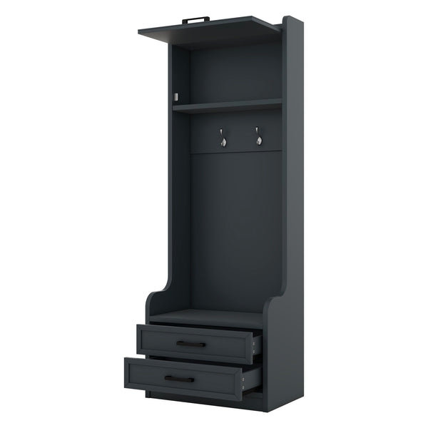 English Elm 4-in-1 Hall Tree with Bench, 7 Hooks, 2 Cabinets & 4 Drawers for Entryway Storage and Seating Antique Blue W1580S00091