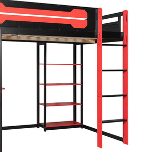 English Elm Full Size Loft Bed with Rgb Lighting Chevron Desk Usb Charging Ports and Storage Shelves Black+Red LT000286AAR