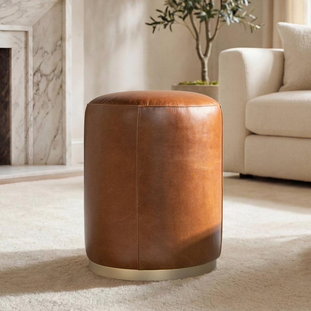 English Elm Nico Genuine Leather Drum Ottoman Stool with Brass Base for Living Room or Bedroom B2719P485493