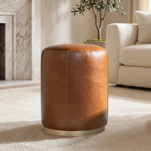 English Elm Nico Genuine Leather Drum Ottoman Stool with Brass Base for Living Room or Bedroom B2719P485493