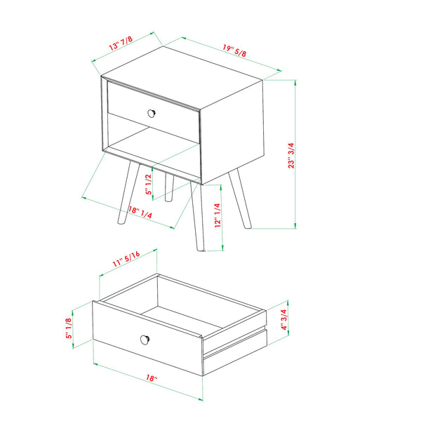 1-Drawer Mid-Century Solid Wood Nightstand - Set of 2 Natural Pine BR25MC1DNP-2PK Walker Edison
