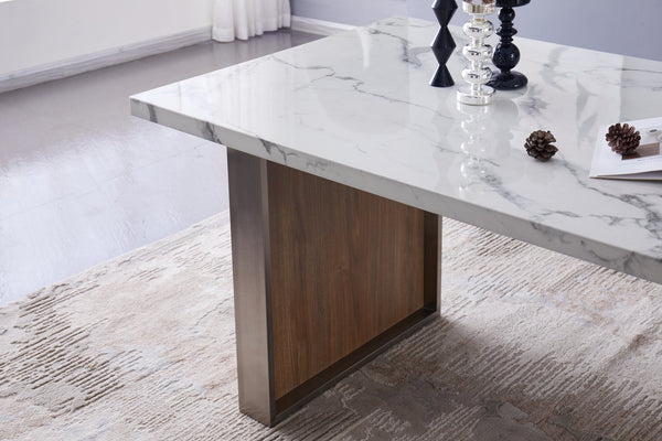 English Elm Elegant Imitation Marble Mdf Dining Table For 6-8, Modern Walnut & Stainless Steel, Easy Assembly W2213S00021