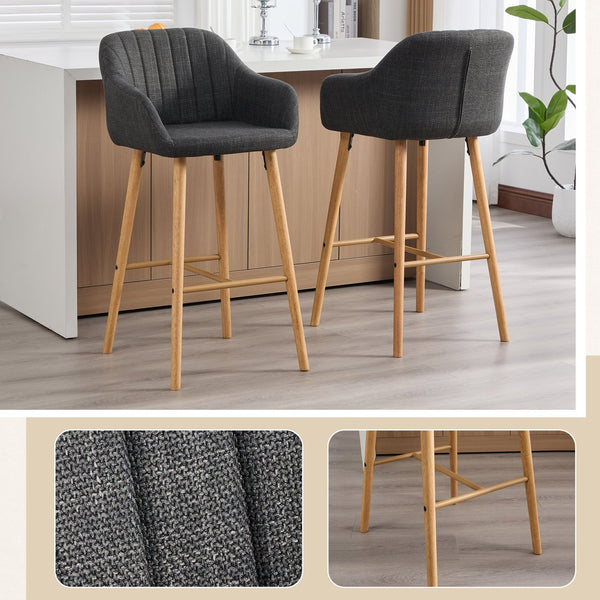 English Elm Modern Linen Upholstered Barstools with Oak Legs Armrests and Footrest for Kitchen Islands Black W395P396317