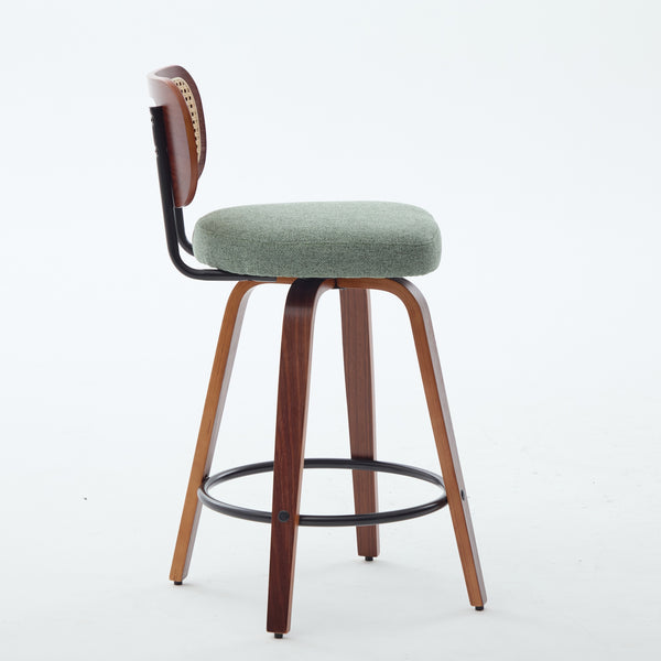 English Elm Set of 2 Swivel Counter Stools Walnut Frame Rattan Back Linen Seat Kitchen Island Light Green W1143P392164