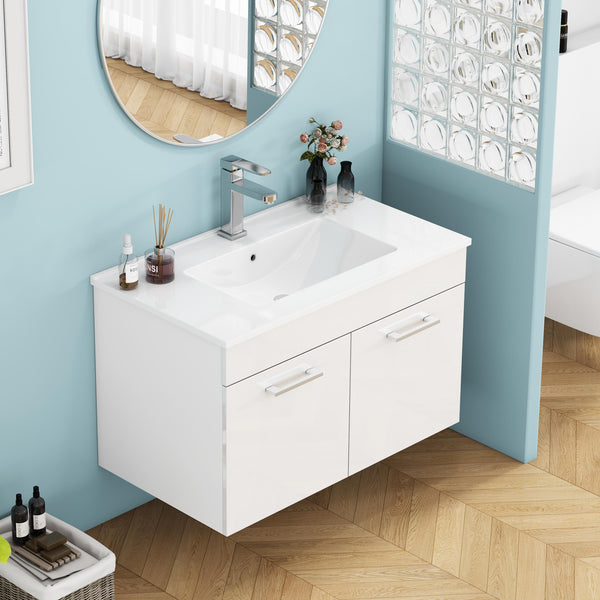 English Elm 32-Inch Wall-Mounted Bathroom Vanity With Ceramic Sink, Soft-Close Doors & Modern Glossy Finish W3151S00026