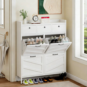 English Elm Metal Powder Coated Steel Shoe Cabinet Slim Entryway Organizer with Seven Drawers White T2398P413026