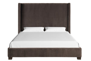 English Elm Queen Upholstered Bed with Pleated Headboard and Sturdy Rails, Easy-Clean Polyester Fabric Design Dark Brown 79.75 L x 53.75 W x 9.5 H B2699P208290
