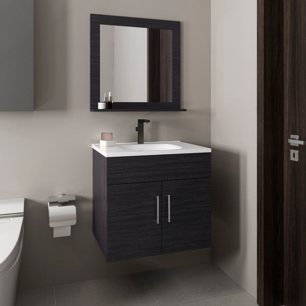 English Elm Bathroom Black Wengue Vanity Sink & Mirror Set with 2 Doors, Open Shelf, Engineered Wood, 24" Wide B097P350325