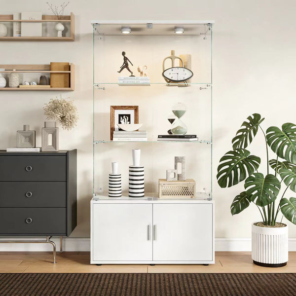 English Elm Double-door Glass Display Cabinet with Led Lighting Four Shelf Living Room Storage White W3155S00024