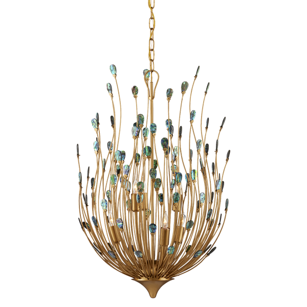 Delphos Chandelier - Elegant Nature-Inspired Fixture with Iridescent Paua Shells & Gold Finish