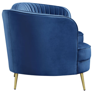 English Elm Marsden Sophia Blue Velvet Recessed Arm Sofa with Inverted Camel Back, Vertical Channels, Gold Legs B062P357811