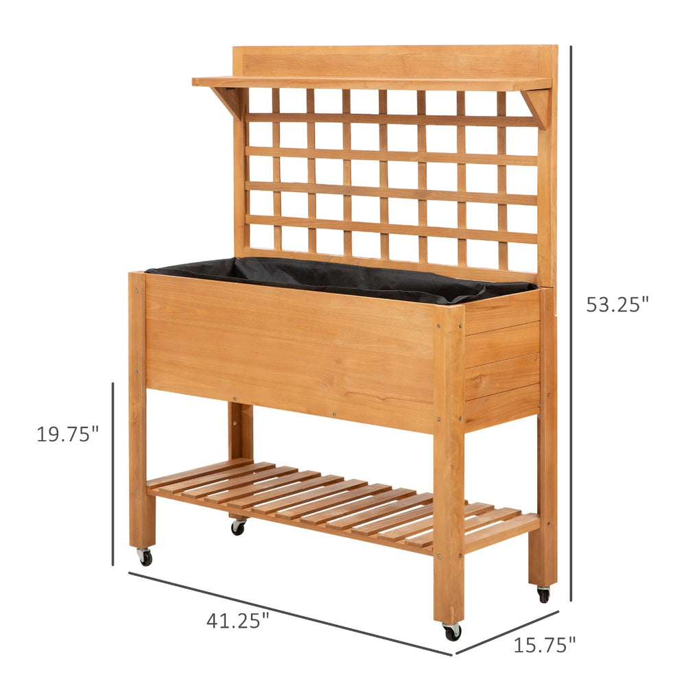 English Elm Elevated Solid Wood Outdoor Planter with Trellis Shelves and Rolling Caster Wheels T3971P387771