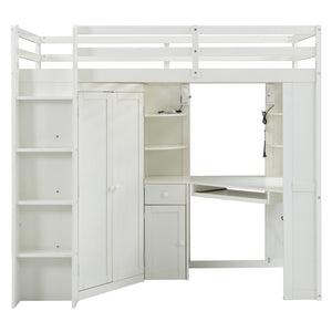 English Elm Twin Loft Bed with Wardrobe Desk Charging Station and Spotlights for Small Rooms Beige White LT000450AAK