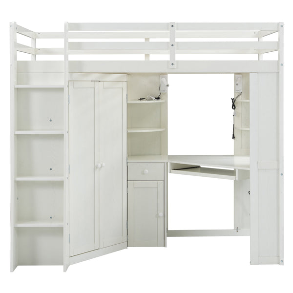 English Elm Twin Loft Bed with Wardrobe Desk Charging Station and Spotlights for Small Rooms Beige White LT000450AAK