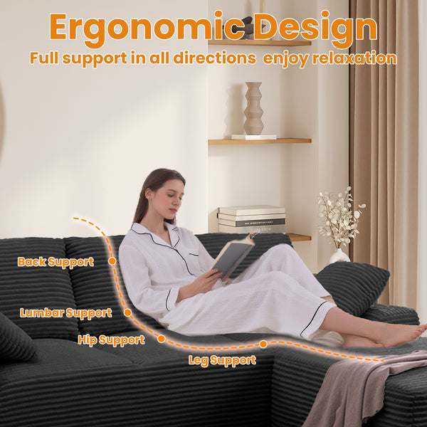 English Elm 103.5" Cloud Sectional Couch with L-Shape Chaise - No Assembly Modular Sofa, Plush Corduroy, Deep Seat Comfort Black T3801S00006