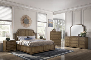 English Elm Queen Upholstered Headboard Bed Walnut Veneer Frame Transitional Bedroom Furniture B2699S00114