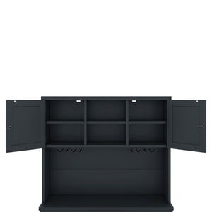 English Elm Coffee Bar Cabinet Dark Blue Farmhouse Buffet with Wine Cubbies, Stemware Rack, Drawers, Shelves & Prep Space Antique Blue W1580S00073