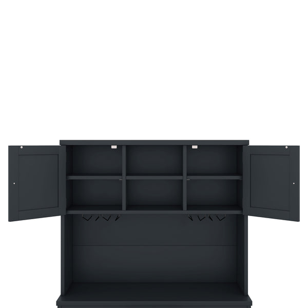 English Elm Coffee Bar Cabinet Dark Blue Farmhouse Buffet with Wine Cubbies, Stemware Rack, Drawers, Shelves & Prep Space Antique Blue W1580S00073
