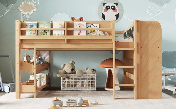 English Elm Twin Low Loft Bed Solid Pine Frame Kids Study Desk Blackboard Storage White W1580S00571
