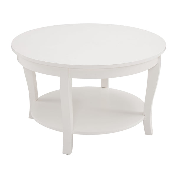 English Elm Traditional Round Coffee Table with Open Shelf, 2-Tier Solid Wood Accent Table for Small Spaces White W1693P216918