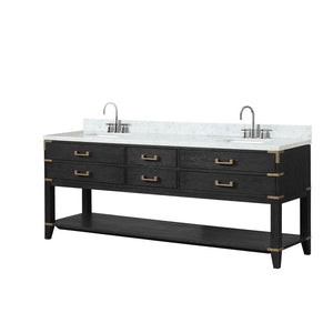 English Elm Black Oak Double Bath Vanity 84" W x 22" D with Carrara Marble Top, Chrome Faucets, Soft-Close Storage B2731P261073