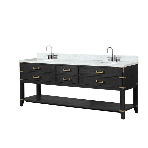 English Elm Black Oak Double Bath Vanity 84" W x 22" D with Carrara Marble Top, Chrome Faucets, Soft-Close Storage B2731P261073