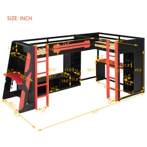 English Elm L-shaped Gaming Loft Bunk Bed Twin Wood Frame Rgb Lighting Usb Ports Storage Shelves Red LT000295AAR