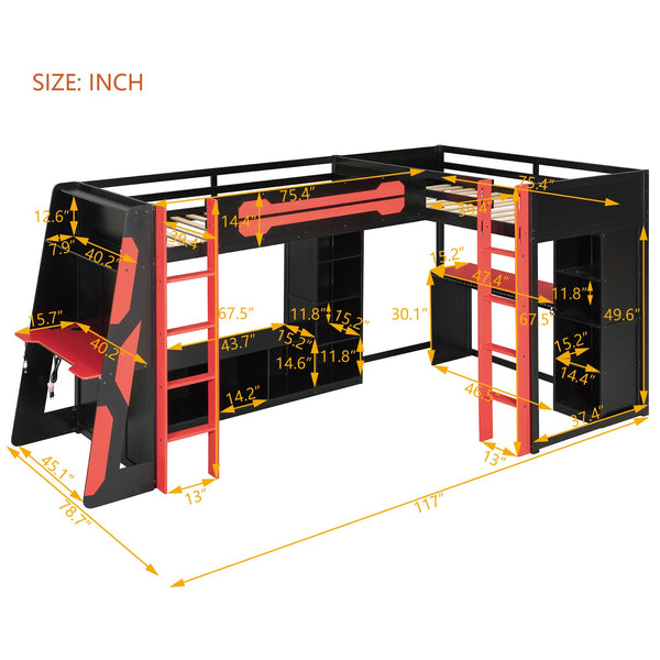 English Elm L-shaped Gaming Loft Bunk Bed Twin Wood Frame Rgb Lighting Usb Ports Storage Shelves Red LT000295AAR