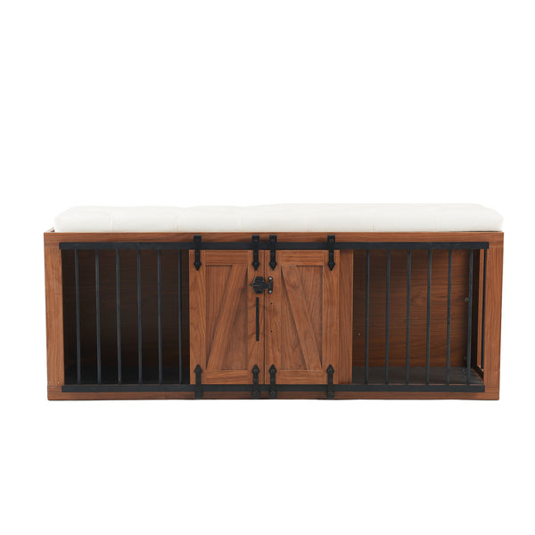 English Elm 56"L, 56"L Mid-Century Walnut Dog Crate Bench Ottoman with Sliding Barn Door, Padded Removable Cushion, Wheels, 300lb耐 N843P293660W