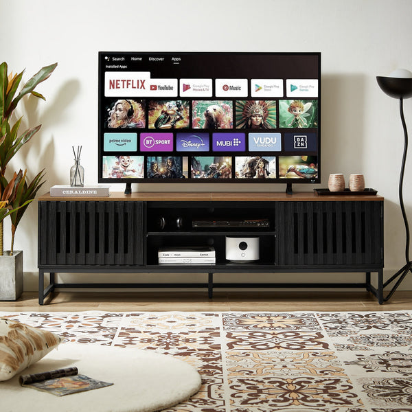 English Elm 63 Vintage Bevel TV Stand 63-inch Media Console with Drawers and Open Shelves, Rustic Artful Design Black+Brown W578P193305