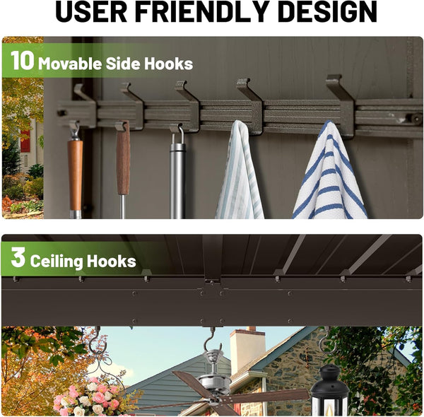 English Elm 9x10ft Hardtop Outdoor Grill Gazebo Galvanized Steel Canopy with Shelves for Patio Brown W1859S00181