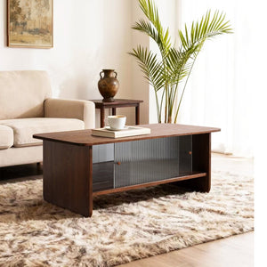 English Elm 47"rectangular Coffee Table Fluted Glass Sliding Doors Retro Wood Grain Living Room Storage Brown W3935P408518