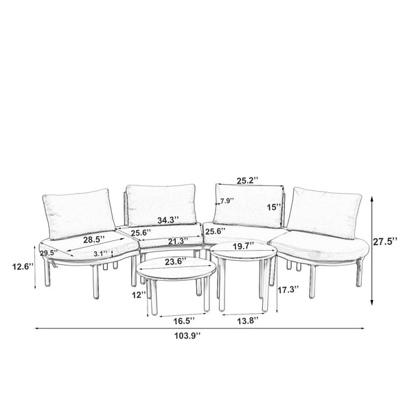 English Elm TOPMAX 6-Piece Modular Patio Sofa Set with 2 High-Low Coffee Tables, PE Wicker, Tempered Glass, Cushioned Comfort and Versatile Outdoor Configuration Beige SP100028AAA