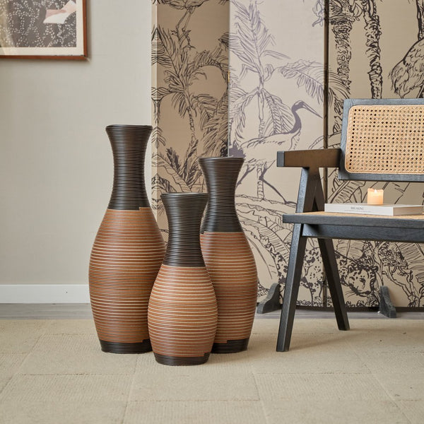 English Elm Set of 3 designer floor vases in Grey+Brown PVC, modern rattan-look tall decor for hallways & living rooms W2796P261496