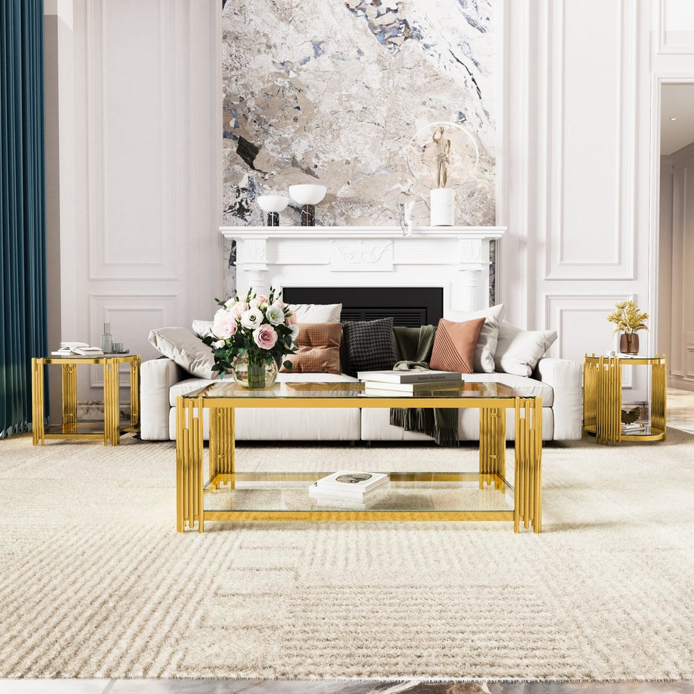 English Elm Modern Round Mirrored Glass End Table with Gold Metal Frame and Lower Display Shelf Transparent N735P380093K