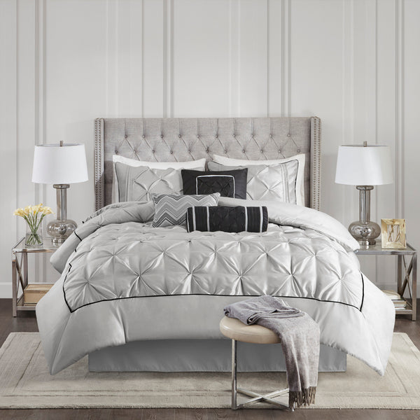 English Elm 7 Tufted Laurel 7-Piece Comforter Set Full — Plush Pieced Polyester, Pleated Texture, Elegant Border Grey 23.6 L x 20.1 W x 14.57 H B03596875
