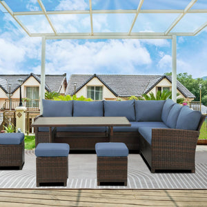 English Elm 7 Piece Outdoor Wicker Dining Set Modular Sectional Sofa Ottomans and Patio Table Blue+Brown B082S00076