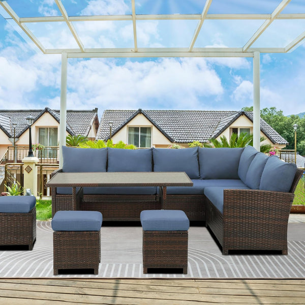 English Elm 7 Piece Outdoor Wicker Dining Set Modular Sectional Sofa Ottomans and Patio Table Blue+Brown B082S00076