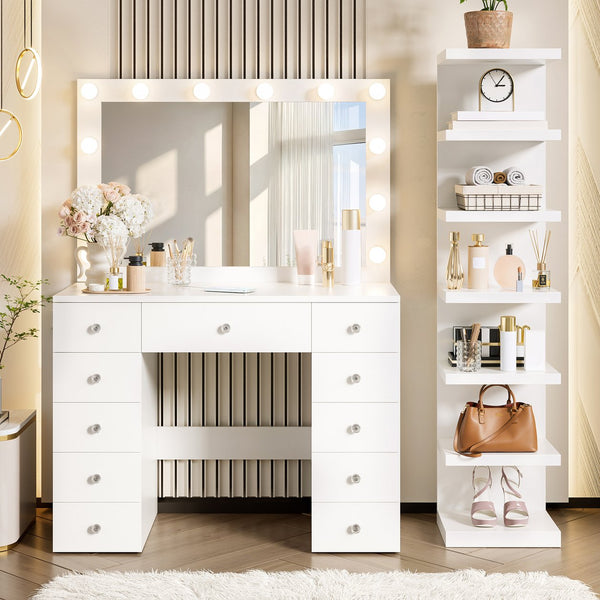 English Elm Vanity Desk Hollywood Led Mirror 11 Drawers 7 Tier Shelving White Glam Mdf N704G202309K