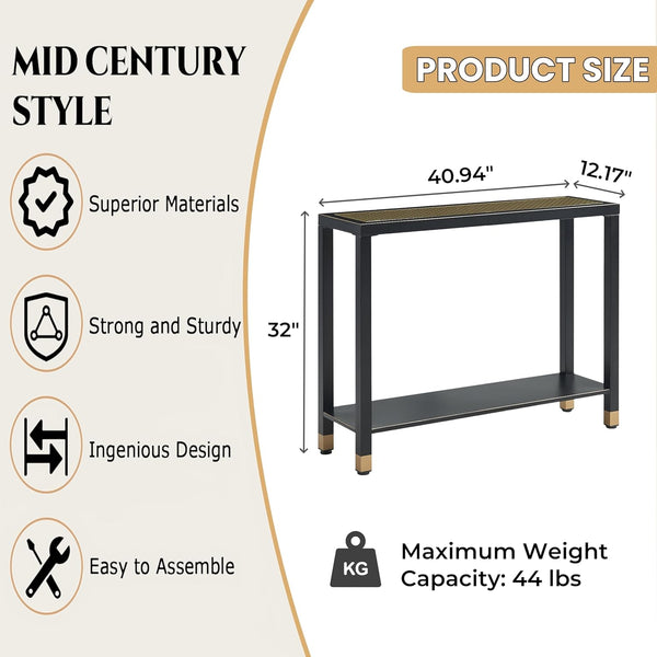 English Elm Glass Console Table Two Tier Tempered Shelf Narrow Foyer Entryway Gold Metallic Frame Black+Gold W3587P456228