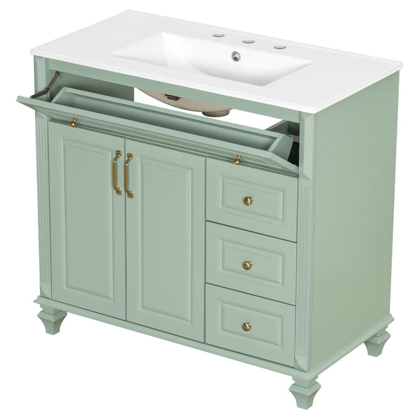 English Elm 36" Forest Green Rubberwood Bathroom Vanity with Ceramic Sink and Golden Hardware N725P356069F